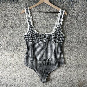Free People Bodysuit‎ Womens Large Black White Gingham Lace Trim FP1287240CY